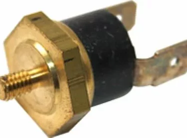 Close-up of the Isomac 000281 Coffee Thermostat - 100 degree No. 30, showing its brass and black design, threaded metal stud, and two flat connector terminals. © 2025 1st-line.com