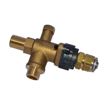 The Rancilio 10060104 FAST STEAM COCK SX + A.V. VALVE for Epoca (LEFT Side) is a brass valve with multiple threaded connectors and a black plastic adjustment knob, shown isolated on white. © 2025 1st-line.com