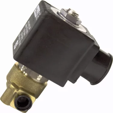 The Rancilio 34040134 Solenoid Valve is a 2-way, 110v valve featuring a brass and black finish, square black coil housing with electrical connector, and a threaded metallic valve body. © 2025 1st-line.com