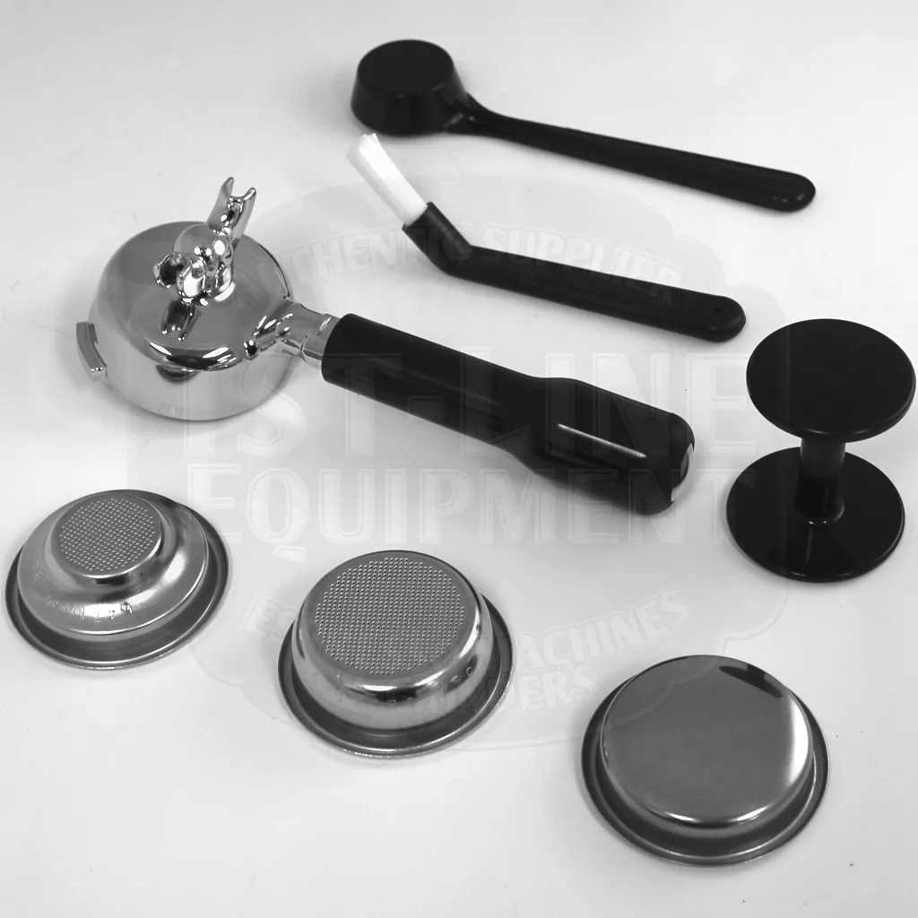 A black-and-white image displays accessories for the discontinued Bezzera BZ07 PM PID Espresso Machine: a portafilter with an animal handle, two black-handled tools, a tamper, and three metal filter baskets on a white surface. © 2025 1st-line.com