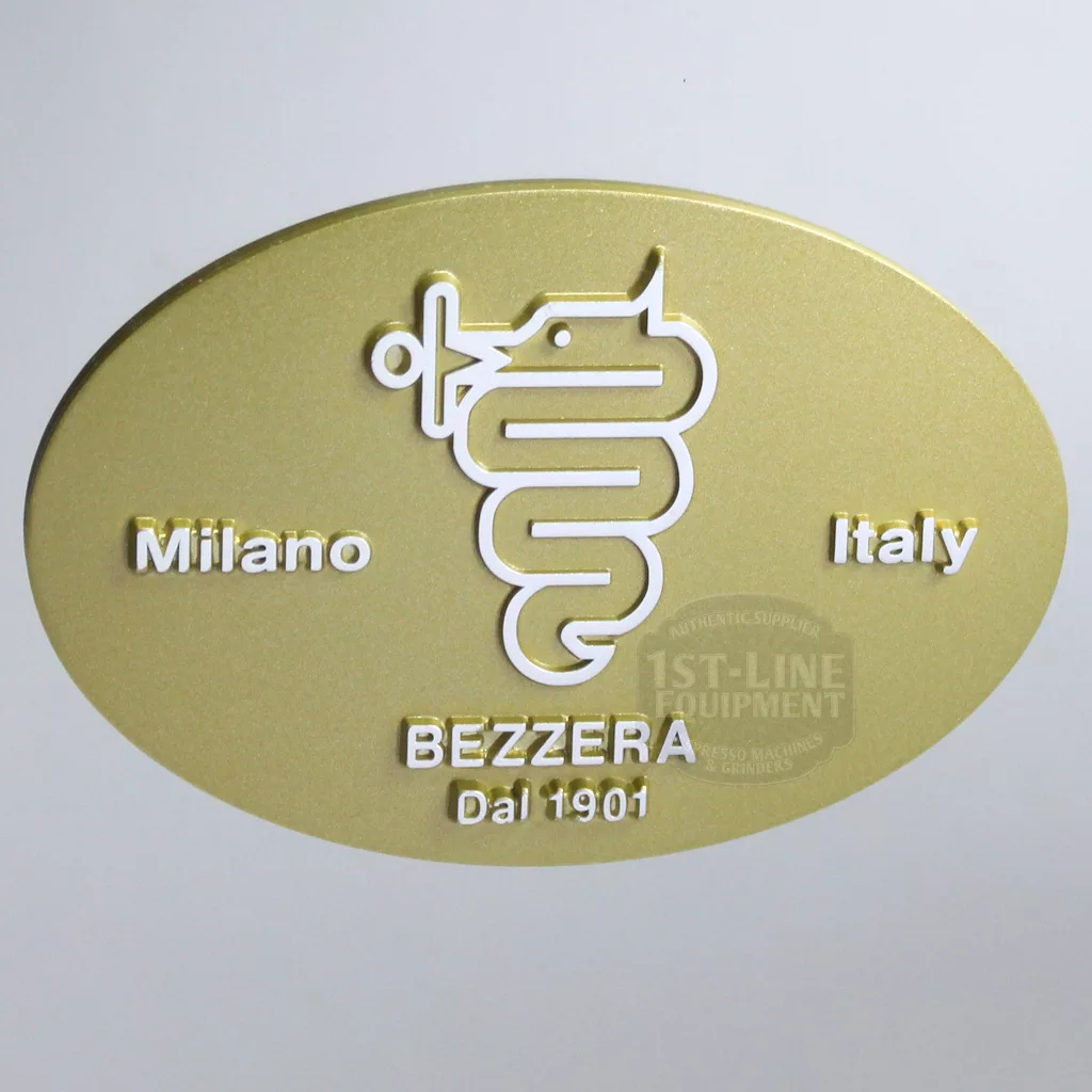 A gold oval plaque with a white snake-and-staff design and the text Milano Italy and BEZZERA Dal 1901 marks the DISCONTINUED Bezzera BZ07 PM PID Espresso Machine, symbolizing tradition and advanced PID technology. © 2025 1st-line.com
