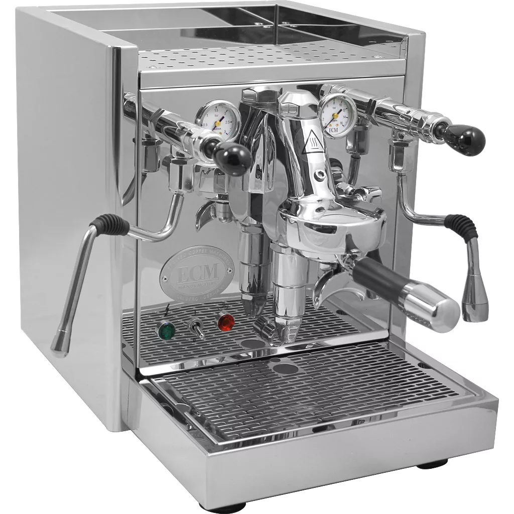 The discontinued ECM Technika Profi IV HX Switchable Espresso Machine features a polished, stainless steel design with dual gauges, multiple levers, a steam wand, and a portafilter on its built-in drip tray. © 2025 1st-line.com