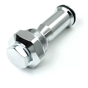 A close-up of the ECM C2299001133.K Complete Socket/Connector Brewing Unit shows its shiny metallic bolt with a hexagonal head, threaded shaft, and a black rubber O-ring near the top—ideal for brewing unit assemblies. © 2025 1st-line.com