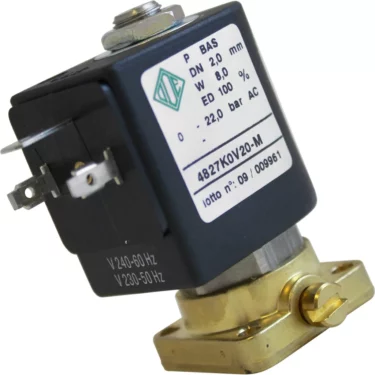A close-up of the Fiorenzato A1900068 Solenoid Valve for Hot Water - 230-240V shows its black and metallic body, technical label, electrical connectors, and brass mounting base. © 2025 1st-line.com