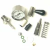 A disassembled Build My VBM Espresso Bar pressure gauge kit displays the gauge dial, metal connector, spring, O-rings, and various small metal and rubber parts neatly arranged on a white background. © 2025 1st-line.com