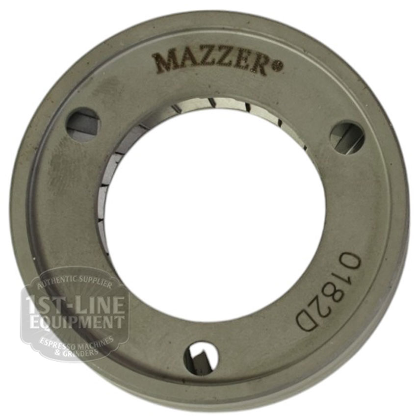 A set of 2 Mazzer FMA00182D/QQQ 1-phase 58mm flat grinding burrs, each metal burr with three screw holes and 0182D engraving, shown with the 1st-Line Equipment logo watermark in the images lower left corner. © 2025 1st-line.com