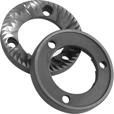 A set of two Eureka MAC64 64mm flat grinding burrs, each with three screw holes and angled ridges, are overlapping on a white background. © 2025 1st-line.com