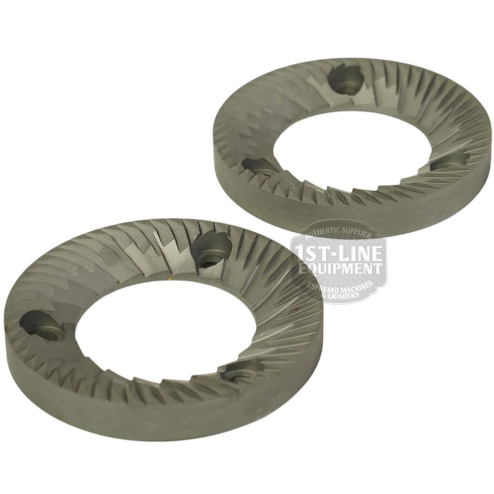 Set of two Mazzer FMA00182D/QQQ 1-phase 58mm flat grinding burrs with sharp spiral grooves and three mounting holes, displayed on a white background.