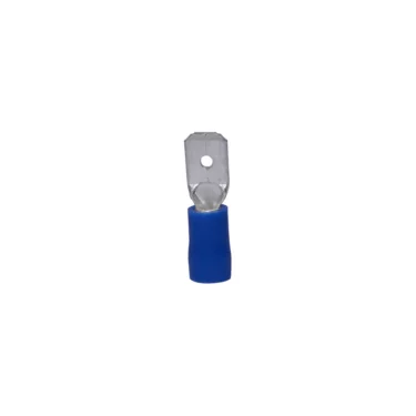 A single Ascaso V.1497 6.3mm Male Protected Terminal, blue with a metal blade and central circular hole for electrical wiring, is centered on a white background. © 2025 1st-line.com