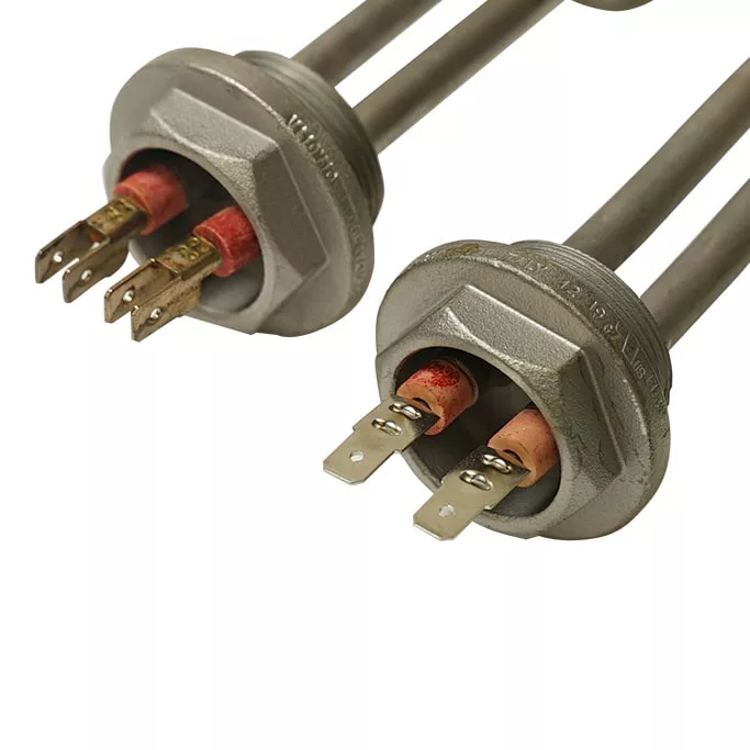 Close-up of two Ponte Vecchio 580-R4012 1000W 110V heating elements with exposed terminals and threaded bases, ideal for water heaters, Ponte Vecchio espresso machines, or industrial equipment. © 2025 1st-line.com