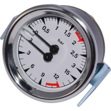The Bezzera 7432524 Dual Pressure Gauge has a white face with black numbers and two black needles measuring 0–4 bars, red marks at 0–0.5 and 1–1.5 bars, all within a durable metal rim. © 2025 1st-line.com