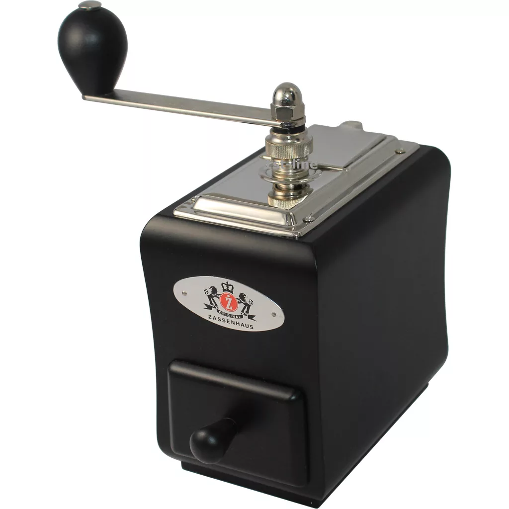The DISCONTINUED Zassenhaus Santiago Hand Coffee Grinder in black beech features a classic design with a metal crank handle on top and a front drawer for collecting ground coffee. © 2025 1st-line.com