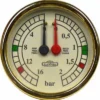 The Elektra 00985026 Dual Pressure Gauge- Yellow/Gold displays pump and boiler pressure from 0 to 16 bars with black and red needles, plus easy-to-read green and red zones for quick monitoring. © 2025 1st-line.com