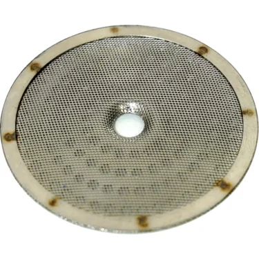 The Elektra 01208035 Shower / Dispersion Screen is a flat, circular metal mesh filter with a small central hole, edge reinforcement via evenly spaced weld marks, and shown from above on a white background. © 2025 1st-line.com