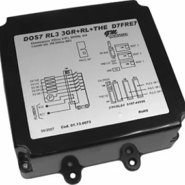 The Elektra 02854034 Control Box - 230V is a black unit with a white label showing wiring diagrams, specs, and text for the CYCLOAC 51AT-40555 device. It includes mounting brackets at the bottom. © 2025 1st-line.com