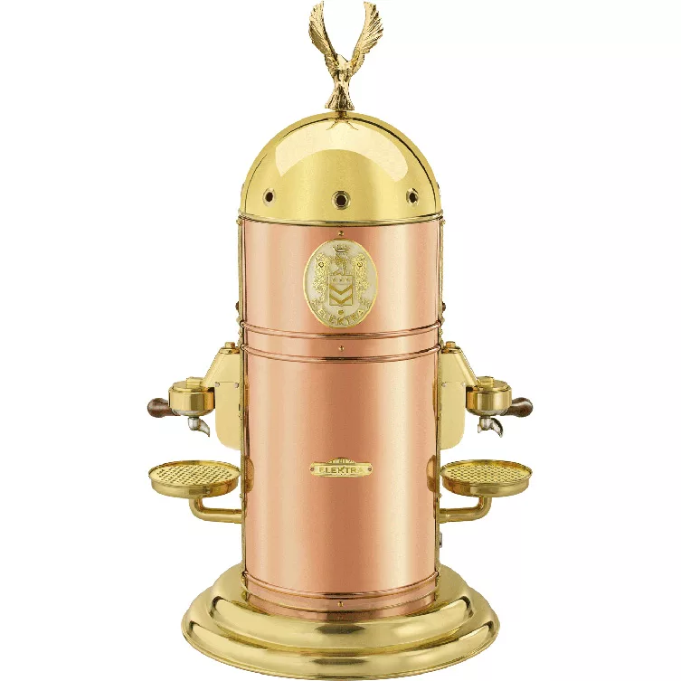 The Elektra Belle Epoque 2 Group Commercial Espresso Machine features a vintage dome top with eagle finial, twin portafilters, cup trays, ornate detailing, and sits elegantly on a rounded base. © 2025 1st-line.com