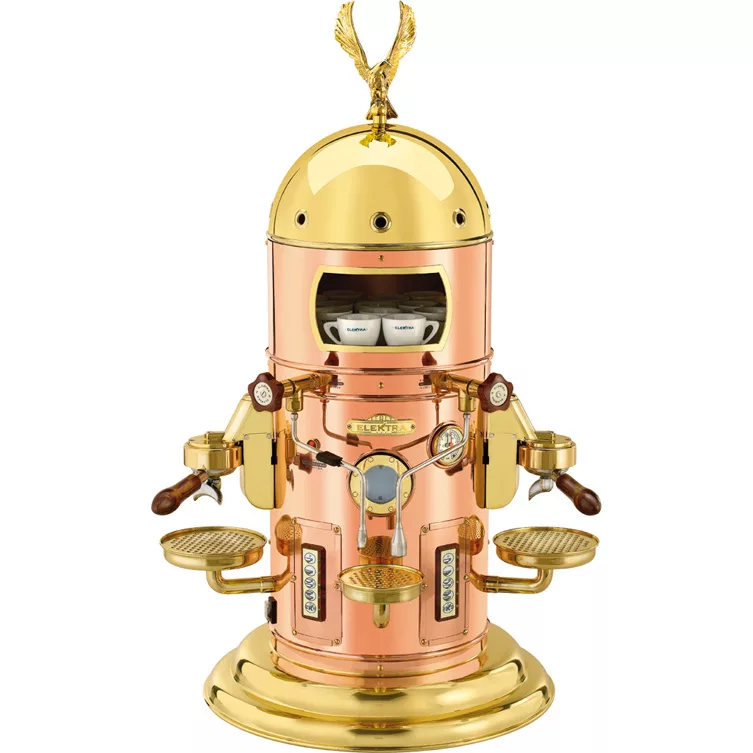 The Elektra Belle Epoque 2 Group Commercial Espresso Machine features a vintage gold and copper dome with eagle ornament, two portafilters, cup holders, and two espresso cups in the center compartment. © 2025 1st-line.com