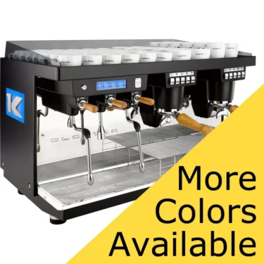 The Elektra KUP 2 Group Commercial Espresso Machine features two group heads, wooden handles, and white cups on top. Perfect for busy cafes. A yellow More Colors Available banner appears in the corner. © 2025 1st-line.com