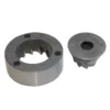 The Macap C0004M122B 63mm Conical Grinding Burrs set includes a ring-shaped and a cone-shaped burr with angled cutting ridges and engraved markings, shown on a white background. © 2025 1st-line.com