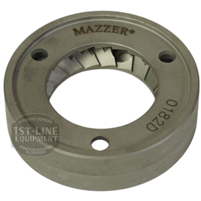 The Mazzer FMA00182D/QQQ 1-phase 58mm flat grinding burrs (set of 2) feature sharp interior teeth, three mounting holes, and MAZZER 0182D engraving, with part of the 1st-Line Equipment logo visible on the left side. © 2025 1st-line.com