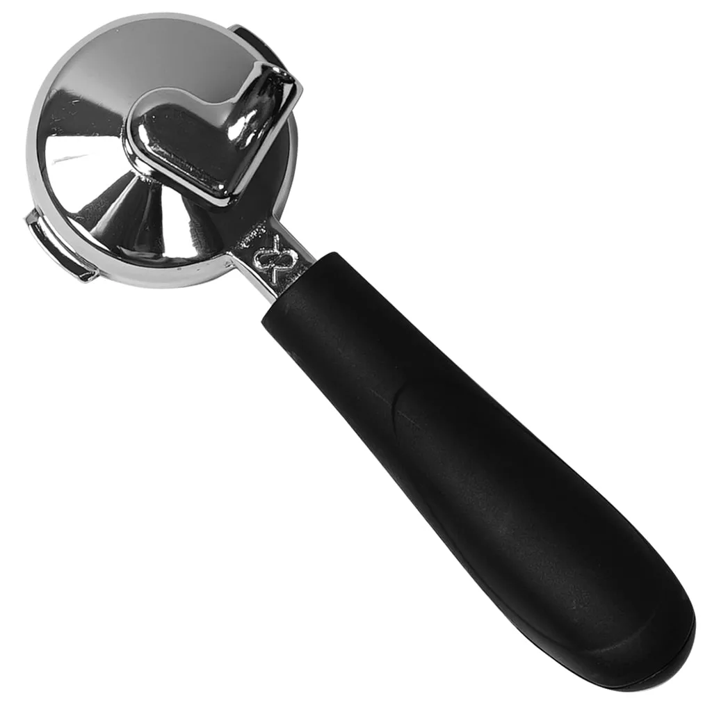 The Rancilio 10071137 Portafilter - dual spout- Commercial features a shiny, round filter basket and a black plastic handle, making it ideal for preparing espresso in professional coffee machines. © 2025 1st-line.com