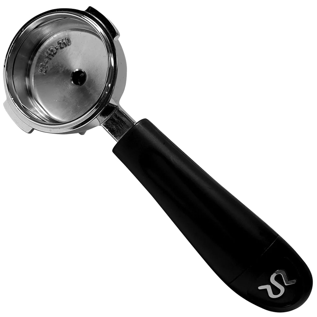 Rancilio 10071137 dual spout portafilter with black handle, designed for espresso machines, featuring a polished stainless steel head and white logo, against a plain background.