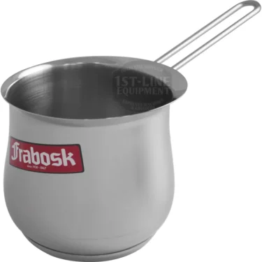 The SIDEWALK SALE - Frabosk Turkish Coffee Pot - 12 cup features a stainless steel body, long handle, spout, and red Frabosk logo—ideal for frothing milk or brewing stylish Turkish coffee. © 2025 1st-line.com