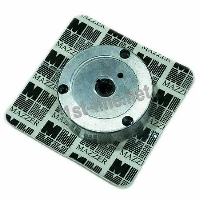 Mazzer OEM FMA00187C/CQQ 83mm 3-phase conical grinding burr on a square sheet with a repeating Mazzer logo pattern, showcasing three screw holes for espresso grinder replacement.