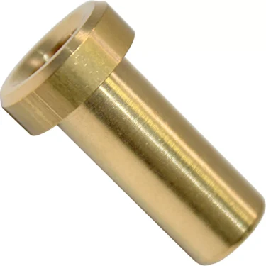 A close-up of the VBM RACCBUPRGO Grouphead Lever Bush, a cylindrical brass pin with a flanged head, shown on a white background. Its smooth, shiny metal surface is slightly reflective and is used in VBM grouphead assemblies. © 2025 1st-line.com