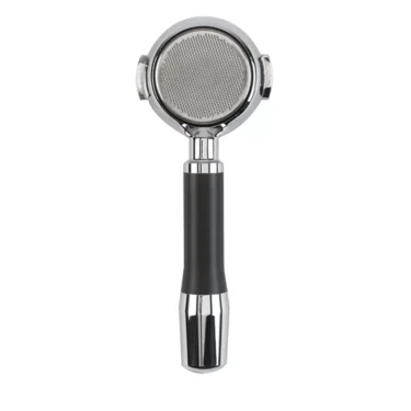 A DISCONTINUED ECM C699900231 58mm 2-Cup Bottomless Portafilter in chrome and black with metal filter basket is displayed vertically, handle down, against a white background. © 2025 1st-line.com