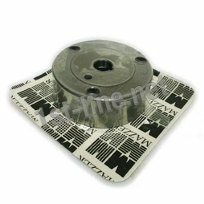 A DISCONTINUED Mazzer OEM FMA00191C/CQQ 1-Phase 63mm conical grinding burr sits on OEM-branded packaging. The round metal burr has several holes and a central opening, displayed against a plain white background. © 2025 1st-line.com