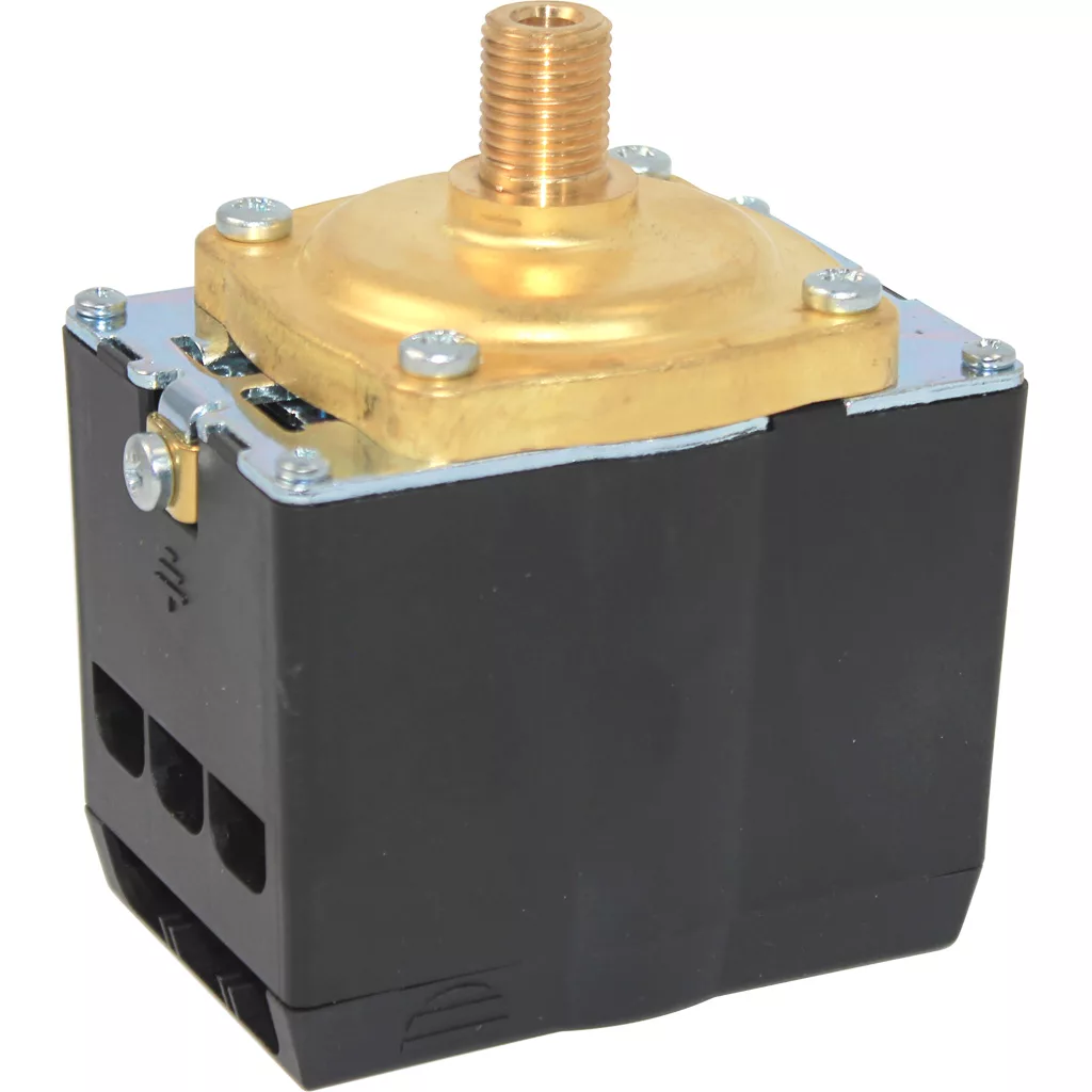 The discontinued ECM P7012 Sirai Pressure Switch features a black and brass body, three bottom electrical terminals, a top threaded connector, and screw-secured housing for reliable espresso machine performance. © 2025 1st-line.com