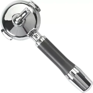 The ECM 89421 58mm Single Spout Straight Handle Portafilter (no basket) features a shiny metal build with a black handle, shown from above on a white background highlighting its classic single spout design. © 2025 1st-line.com