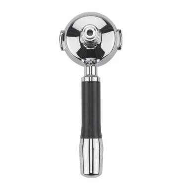 The ECM C699900230 58mm Coffee Pod Portafilter features a metal body with a black handle, shown from above on a white background, highlighting its circular basket and dual spouts. © 2025 1st-line.com