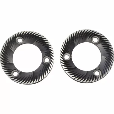 The Elektra 01587035 56mm Flat Grinding Burrs, sold as a set of 2 metal discs with diagonal grooves and four holes each, are shown side by side on a white background. © 2025 1st-line.com
