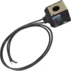The Elektra 01846035 Parker 3 Way Solenoid Valve Coil is a black coil with two attached wires and labeled technical specs, designed for automation or industrial systems. Compatible with Parker 3 Way Solenoid Valves. © 2025 1st-line.com