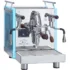 Bezzera Matrix MN V2 dual boiler espresso machine with stainless steel body, blue LED panels, and wooden handles.