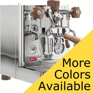 The Lelit Bianca V3 Dual Boiler Espresso Machine features shiny stainless steel, wooden handles and knobs, pressure gauges, and a yellow More Colors Available banner in the bottom right corner. © 2025 1st-line.com