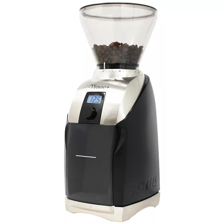 Baratza Virtuoso+ coffee grinder featuring a transparent hopper filled with coffee beans, digital display reading 12.5, and sleek black and silver design.
