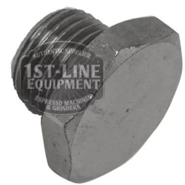A close-up of the Ascaso I..346 1/8 Boiler Cap, a metallic threaded cap with a flat, wide head. The image features a watermark: 1st-Line Equipment Espresso Machines & Grinders. © 2025 1st-line.com