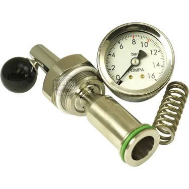 A stainless steel pressure gauge assembly with a black handle, spring, and dial (measuring bars), designed for the 1st-line Equipment E61 Grouphead Flow Control Kit, is shown close-up on a white background. © 2025 1st-line.com
