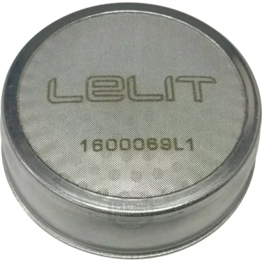 The Lelit 1600069L1 E61 Grouphead Shower/Dispersion Screen is a stainless steel filter with fine mesh, designed for E61 compatibility. LELIT and 1600069L1 are printed on the top surface. © 2025 1st-line.com