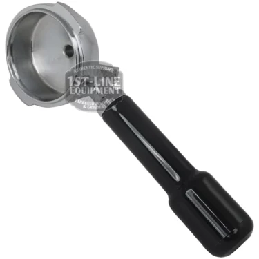 The Brasilia 2-CUP FILTERHOLDER, a metal espresso portafilter with a shiny black handle, is shown empty and angled on a white background. A semi-transparent 1st-line equipment watermark appears. © 2025 1st-line.com