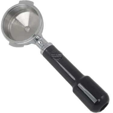 The Brasilia 2 CUP FILTERHOLDER is a metal espresso portafilter with a black handle, designed for two cups and shown empty and angled to display the basket. © 2025 1st-line.com