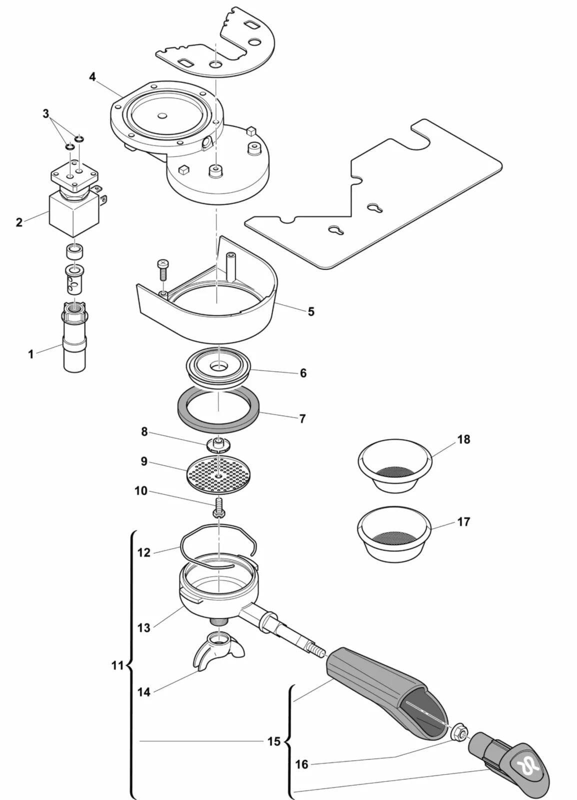 Exploded diagram of a portafilter espresso machine, showing individual components like screws, baskets, handle, group head, filter, and tamper, arranged in order for assembly, with each part numbered for identification. © 2025 1st-line.com