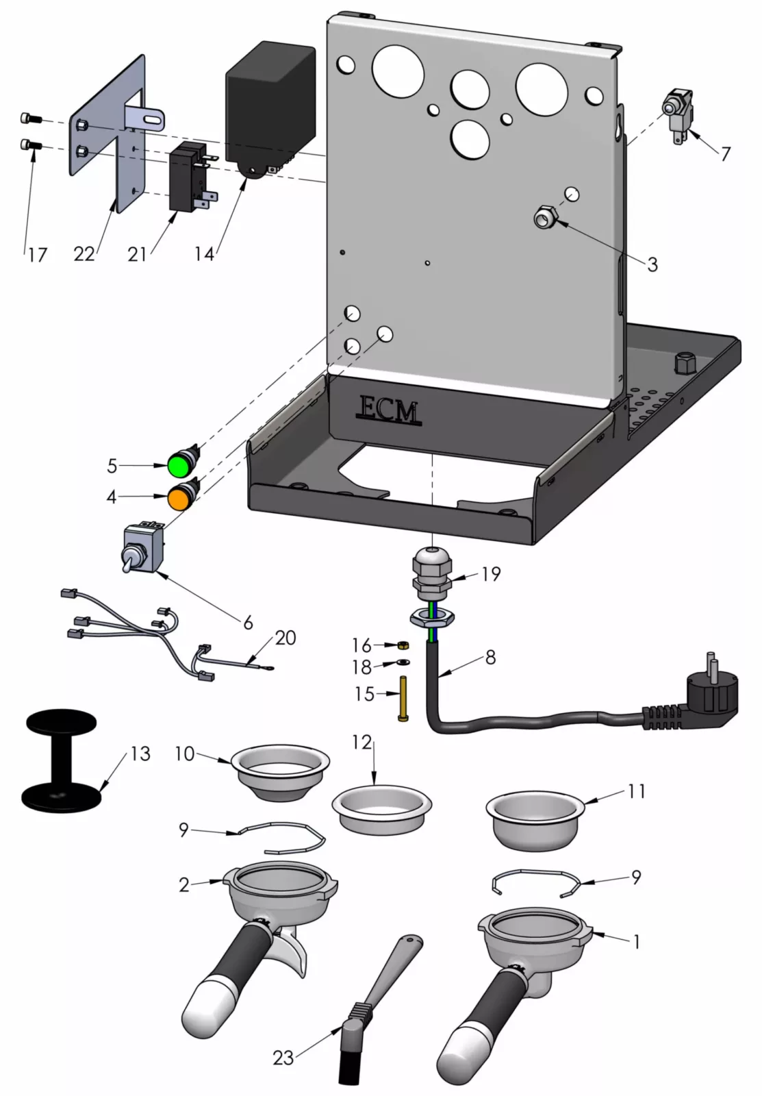 Exploded diagram of an ECM coffee machine showing labeled parts, including the base, power cord, switches, indicator lights, portafilters, baskets, tamper, and various screws, springs, and mounting components. © 2025 1st-line.com