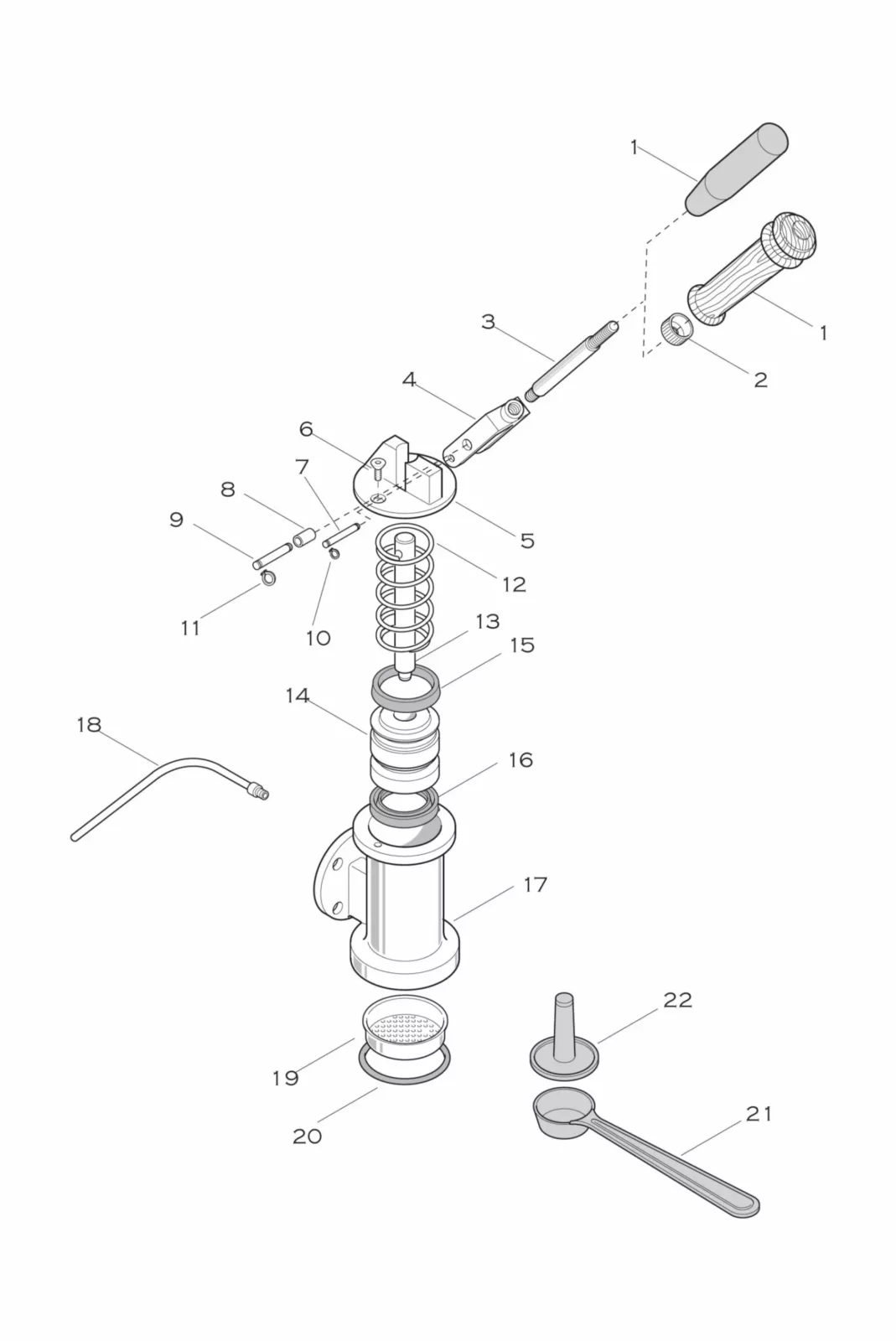 Exploded technical diagram of a cylindrical mechanical device with 22 labeled components, including springs, screws, rods, washers, and electrical wire, arranged in logical assembly order from top to bottom. © 2025 1st-line.com