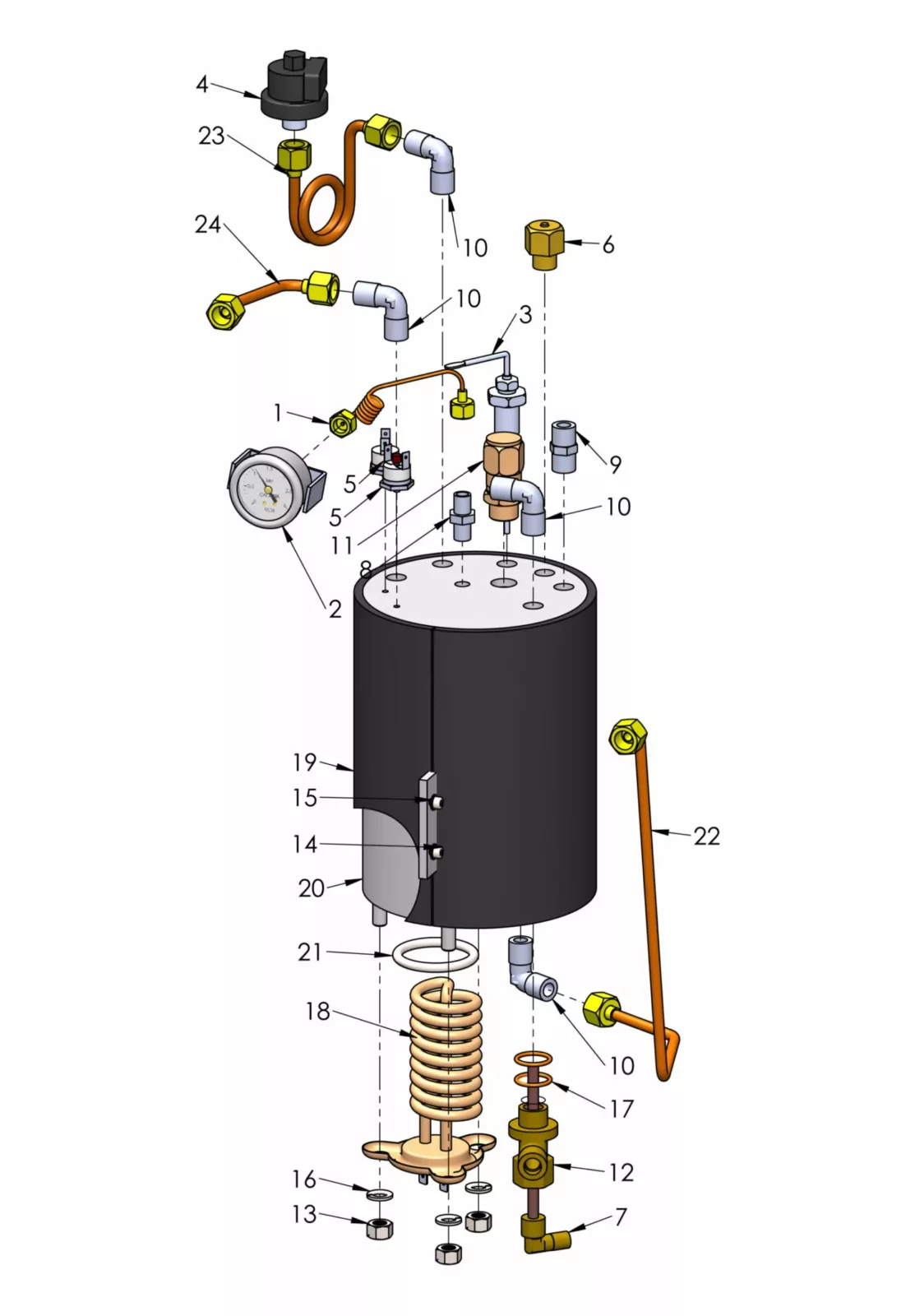 Exploded view diagram of a pressure tank assembly with labeled components, including gauges, pipes, fittings, nuts, and the tank body, showing how each part connects and fits together. © 2025 1st-line.com