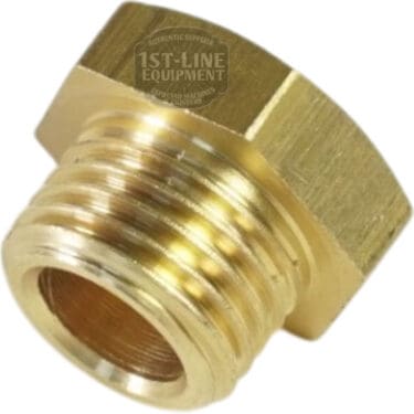 The 1st-Line 1/4 Cap/Plug is a brass fitting with male and female threads for connecting pipes of different sizes. The faint 1st-Line Equipment logo appears on the flat top, which can also be used as a cap in some setups. © 2025 1st-line.com