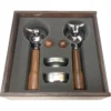 Bezzera Unica wood portafilter and knob kit with filter baskets in foam cutout